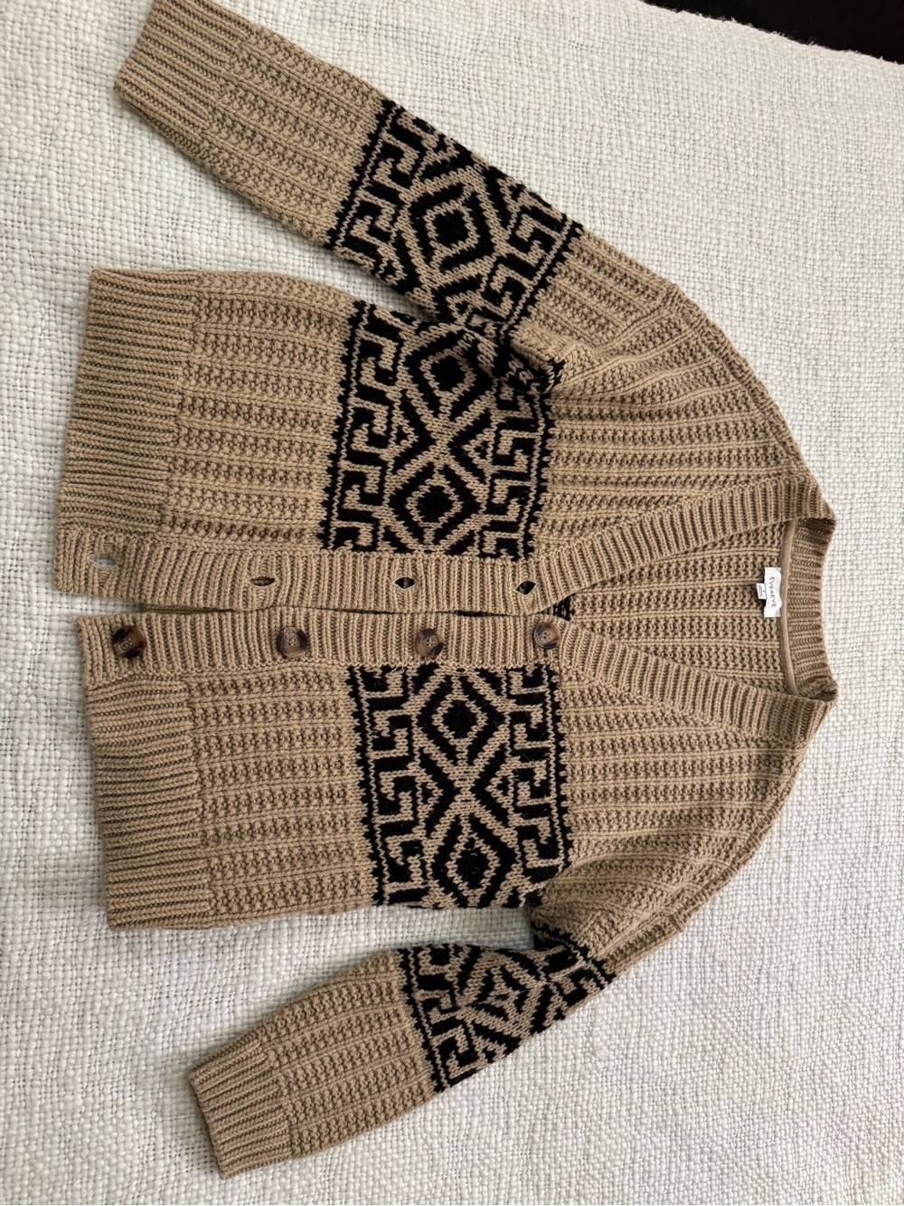 Evereve Camel Cardigan with Black Aztec Panels